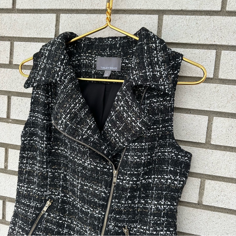Tinley Road Black White Boucle Moto Vest Gold Zip Tweed S Academia Classic - Picture 3 of 11